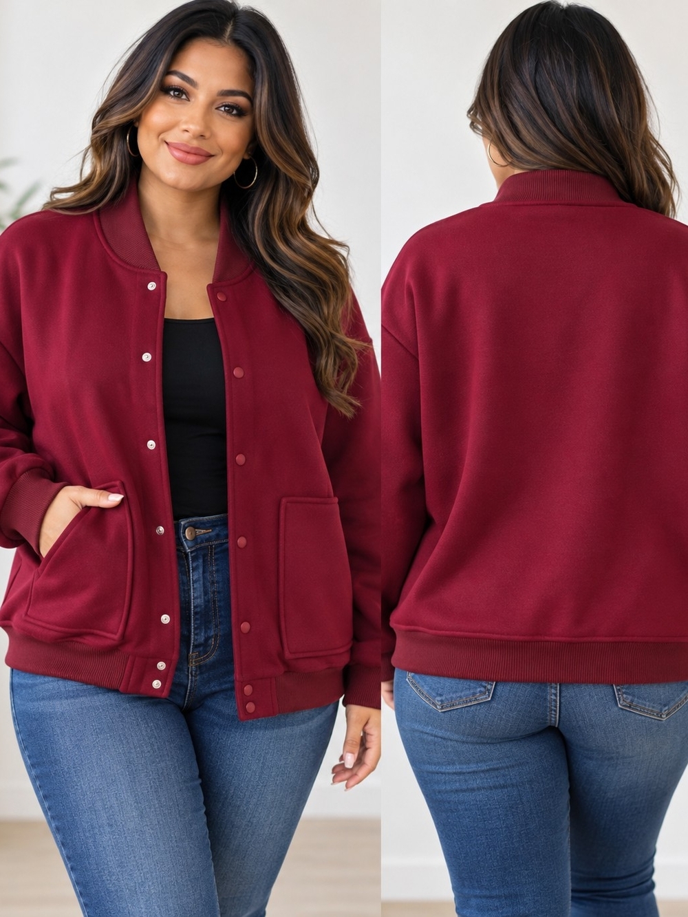 Women's Deep Burgundy Snap-Front Varsity Jacket